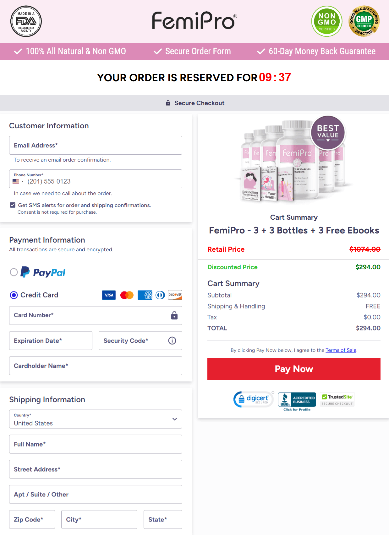 FemiPro checkout page